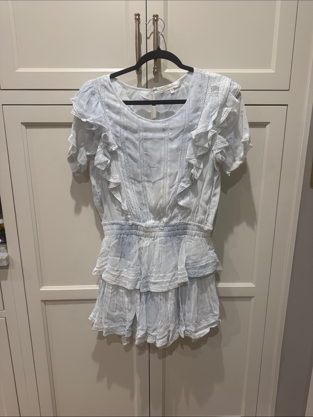 LoveShackFancy Cream & Light Blue Ruffled dress Sz Med
